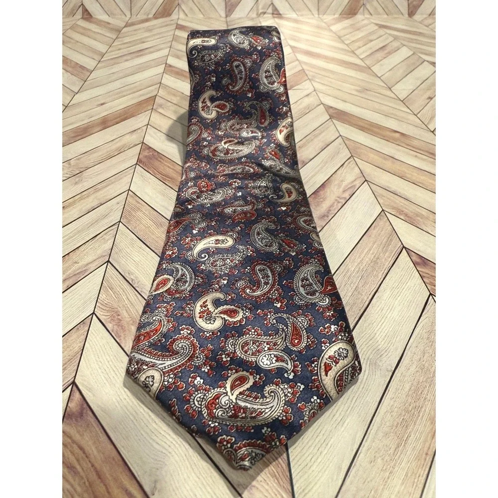 Oscar de la Renta‎ Silk Velour Paisley Necktie Men Navy Red Formal Neck Tie